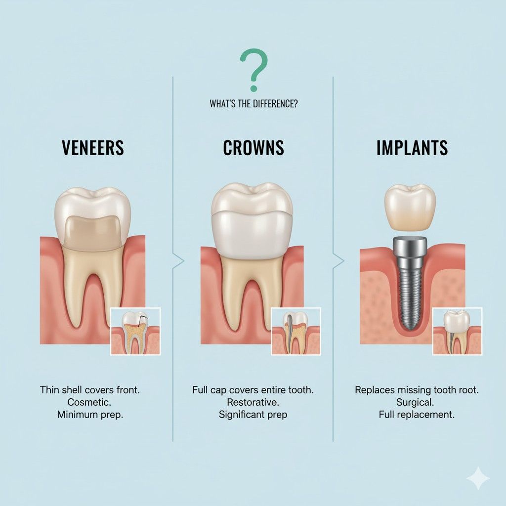 What’s the Difference Between Veneers, Crowns, and Implants?
